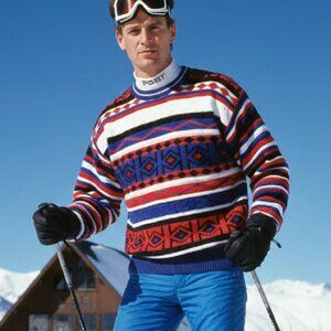 Vintage 90s Ossi Skiwear Sweater Chunky Mixed Knit Red White Blue Large Retro